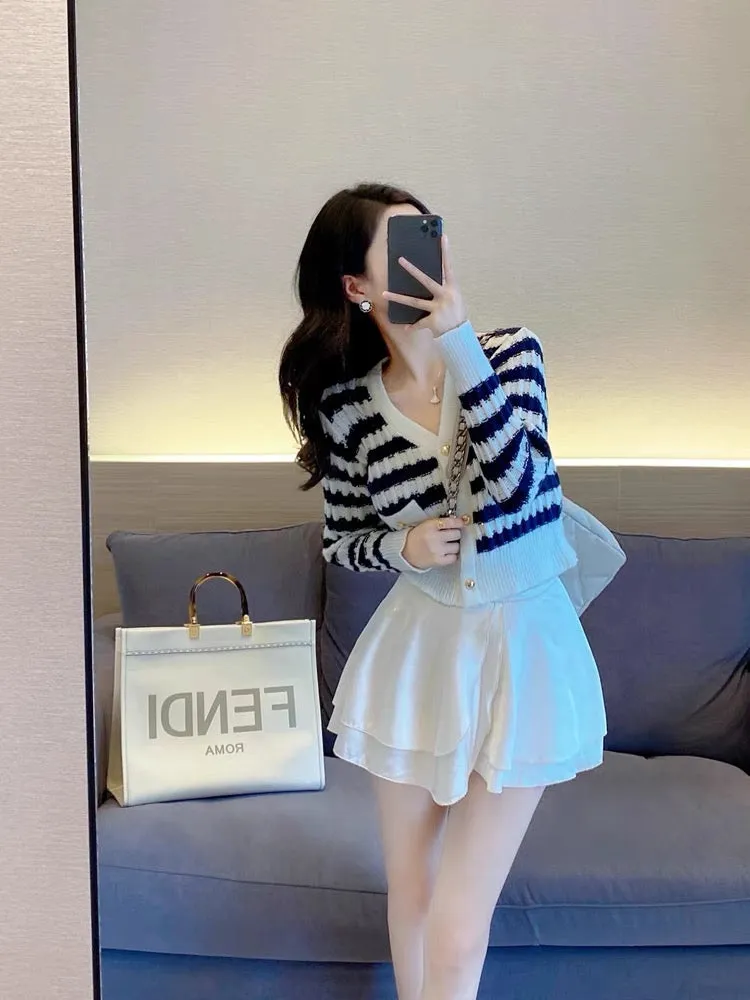 2023 new early autumn tops, ladylike striped small fragrant style knitted v-neck cardigan sweater short coat for women (S4446)