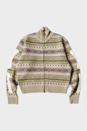 7G Wool FairIsle BONE ZIP Short Cardigan - Sax