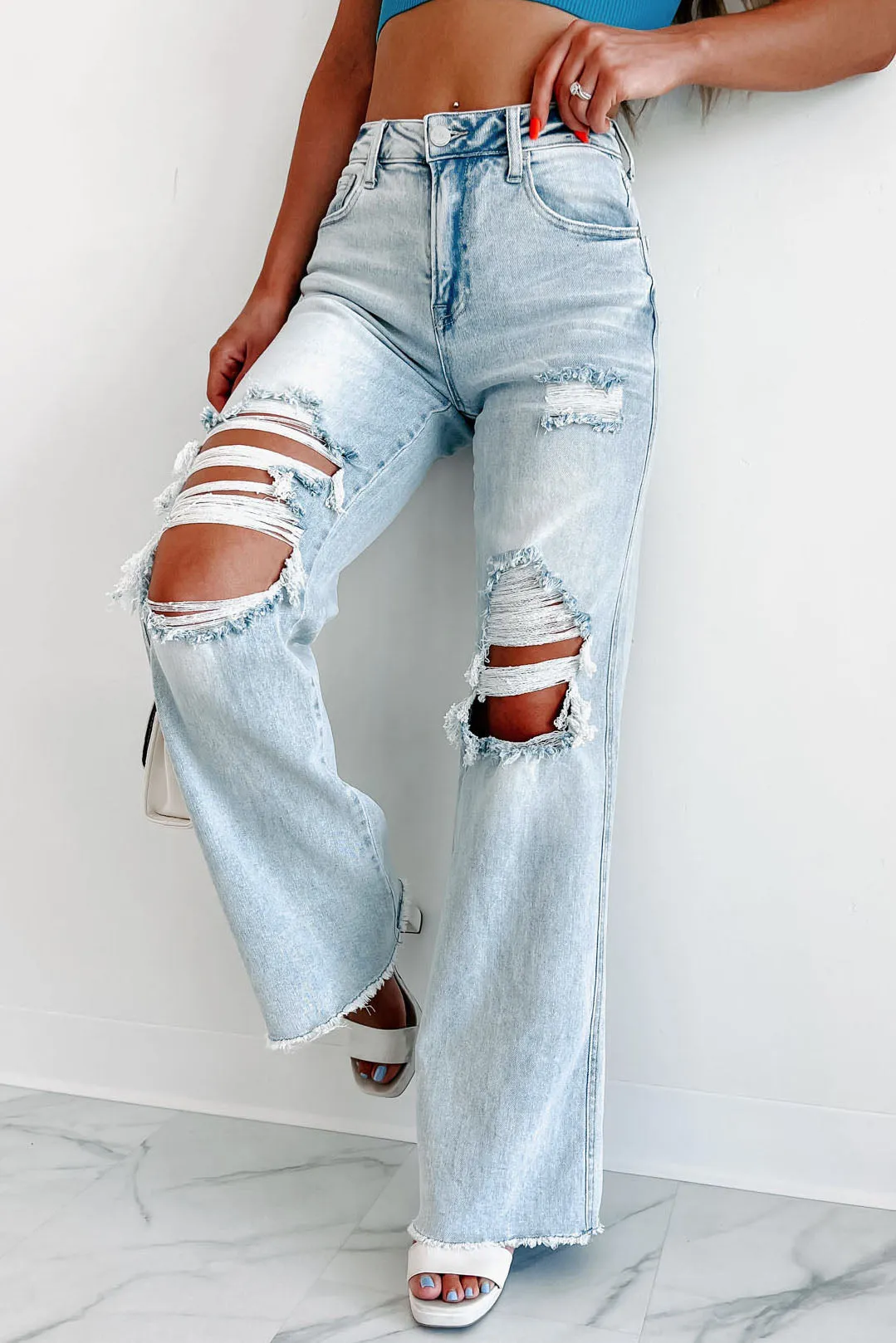 Abrielle High Rise Distressed Risen Wide Leg Jeans (Light)