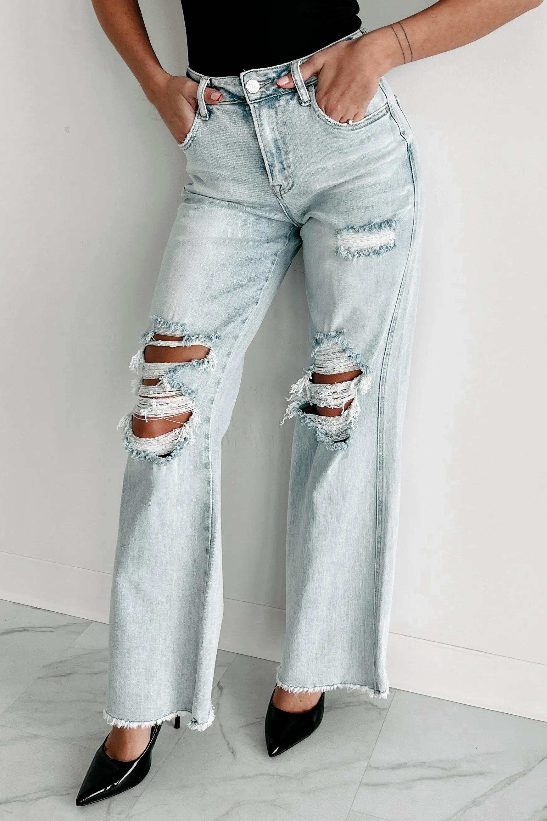 Abrielle High Rise Distressed Risen Wide Leg Jeans (Light)