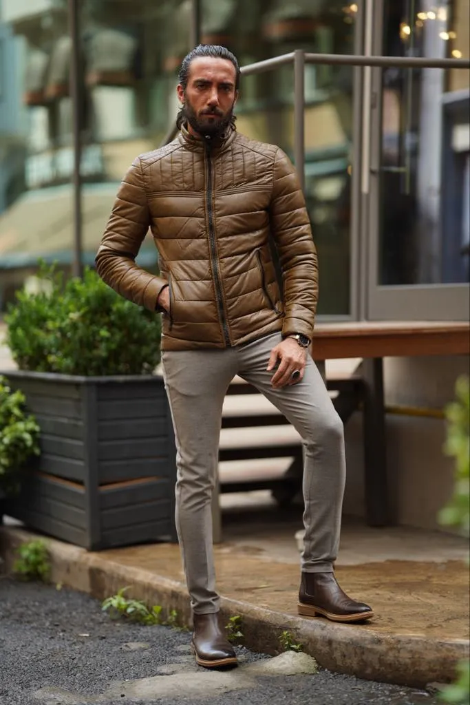 Avion Slim Fit Brown Faux Leather Puffer Jacket