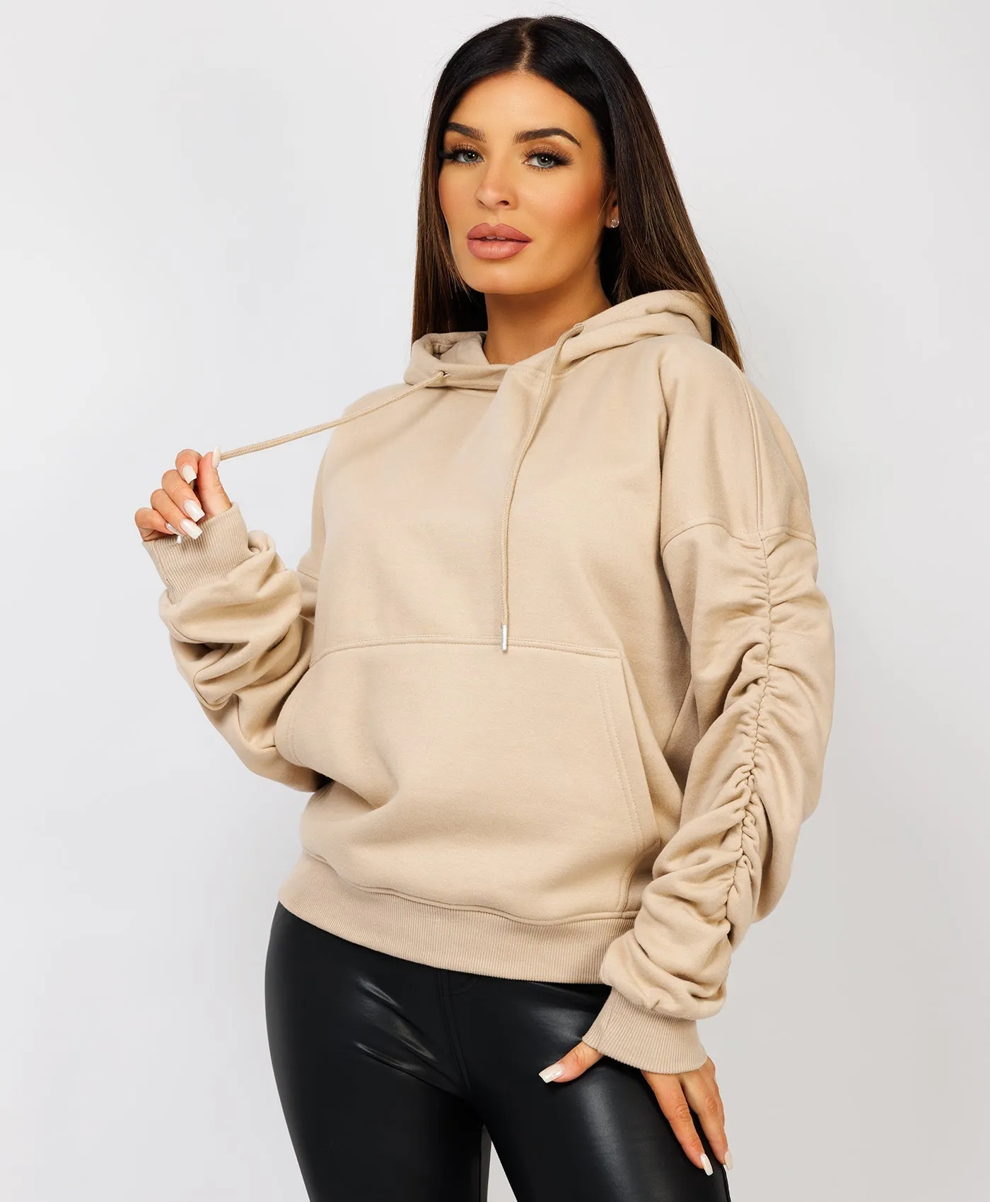 Beige Ruched Sleeve Oversized Fit Hoodie