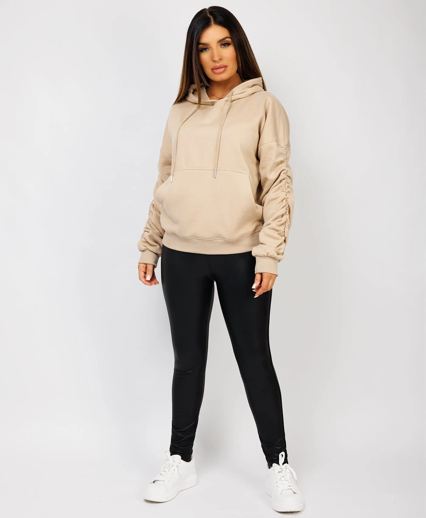 Beige Ruched Sleeve Oversized Fit Hoodie