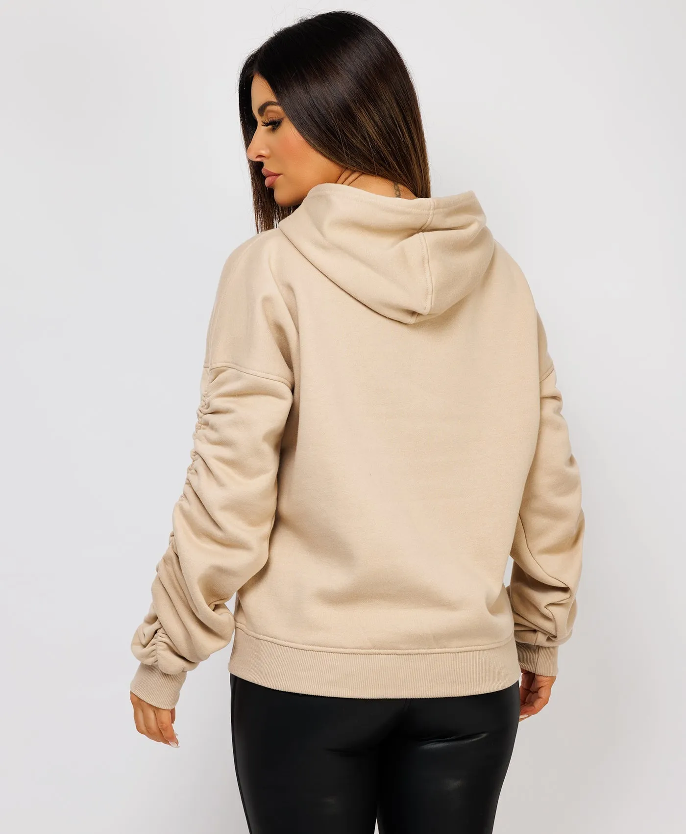 Beige Ruched Sleeve Oversized Fit Hoodie