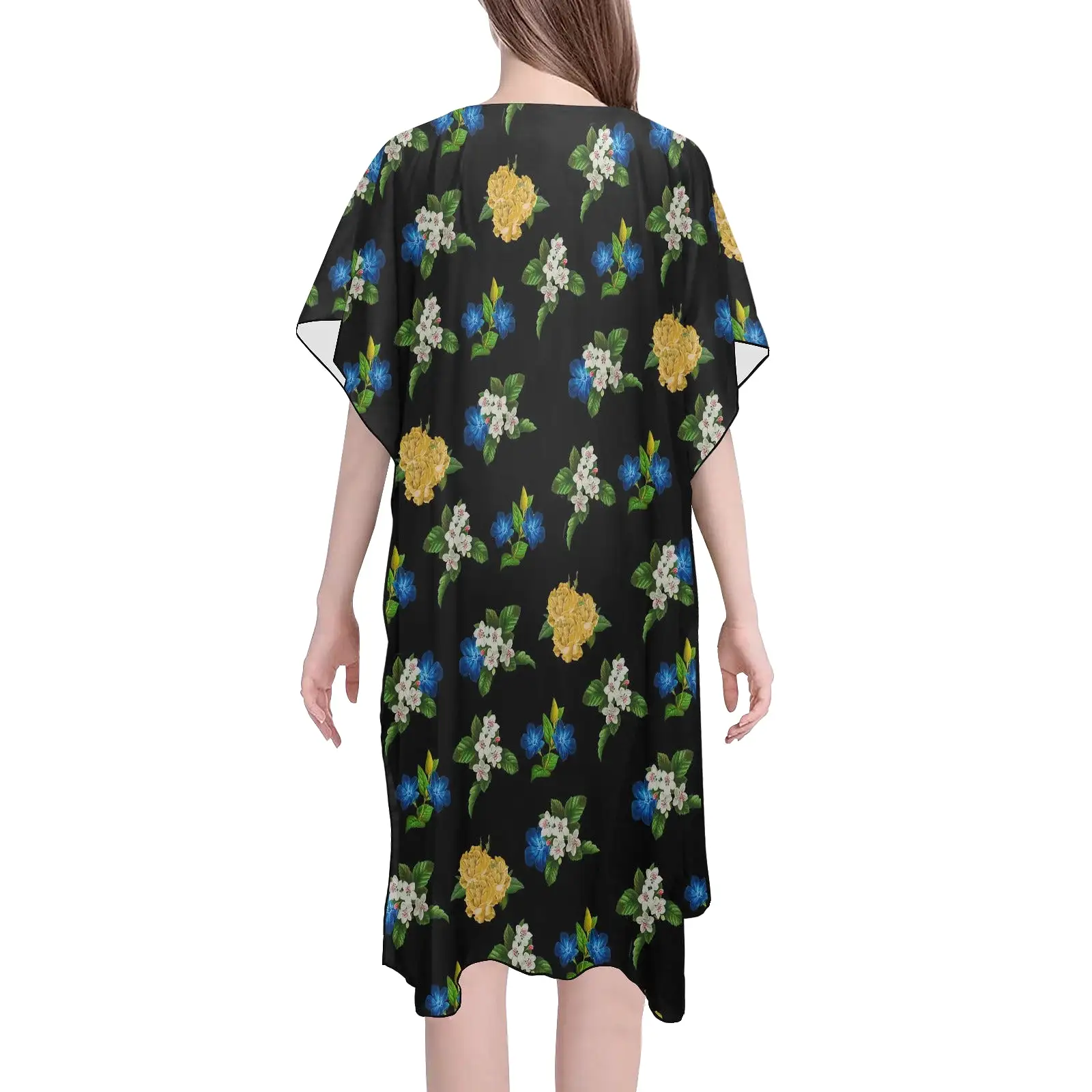 black floral blue gold white print 2 Mid-Length Side Slits Chiffon Cover Up (Model H50)