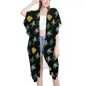 black floral blue gold white print 2 Mid-Length Side Slits Chiffon Cover Up (Model H50)