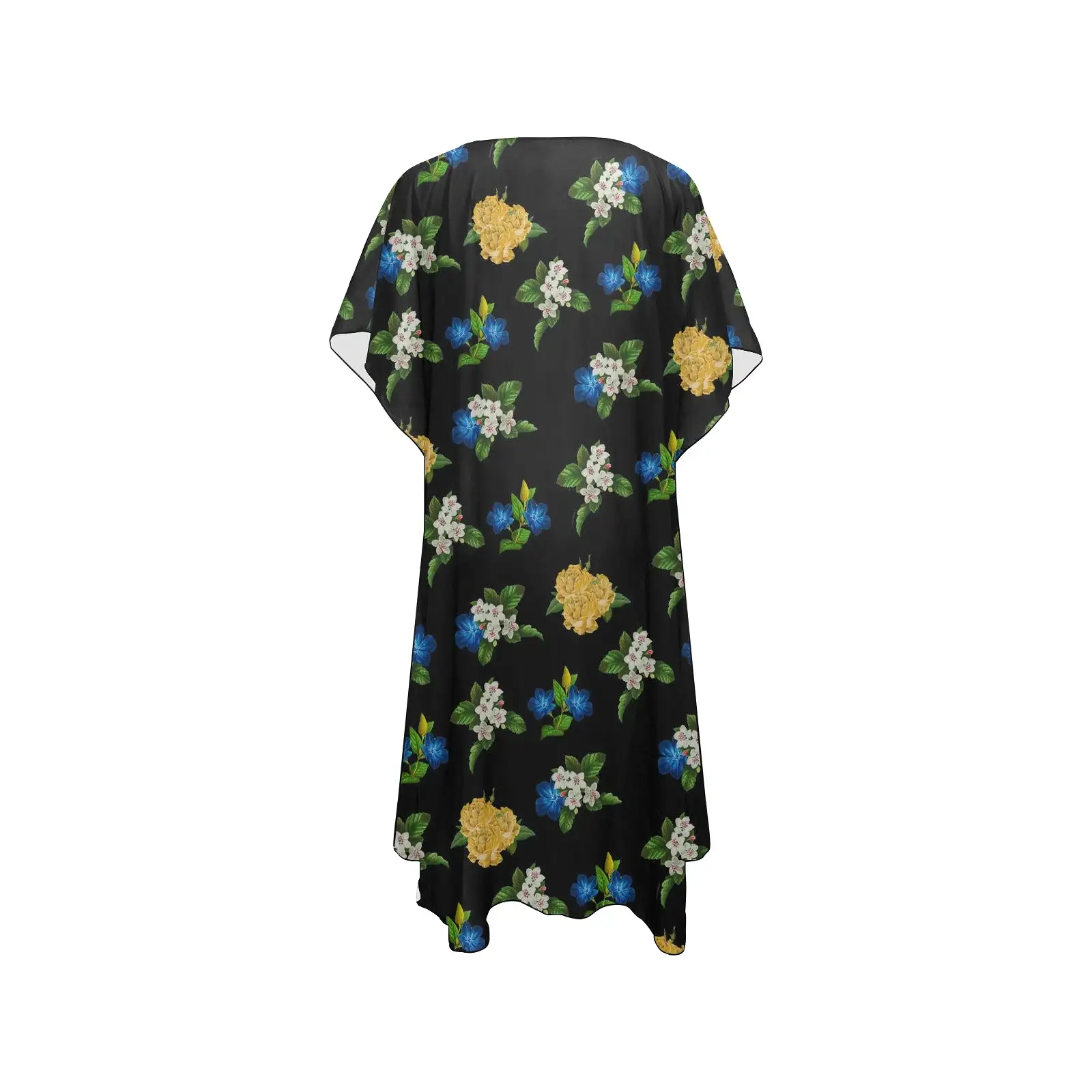 black floral blue gold white print 2 Mid-Length Side Slits Chiffon Cover Up (Model H50)