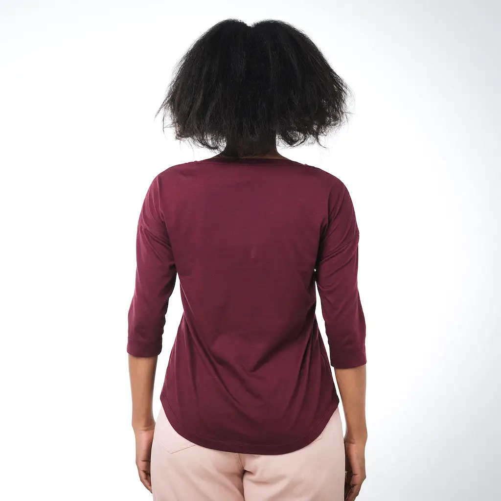 Boat Neck 3/4 Sleeve Top | Burgundy