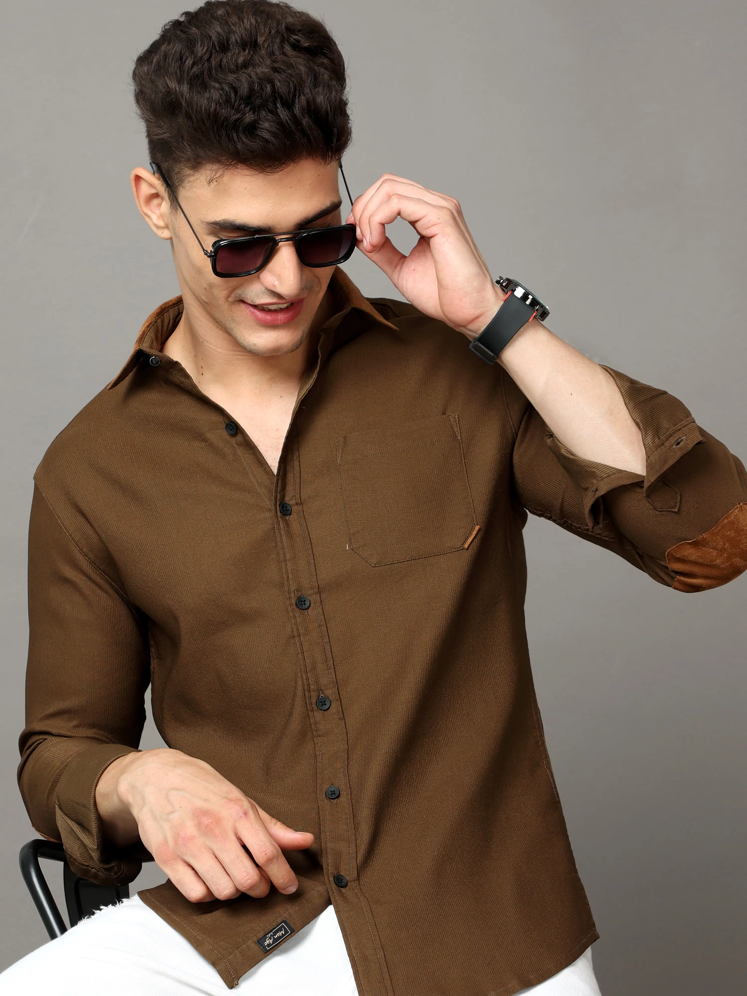 brown cotton self stripe corduroy with leather constrast shirt