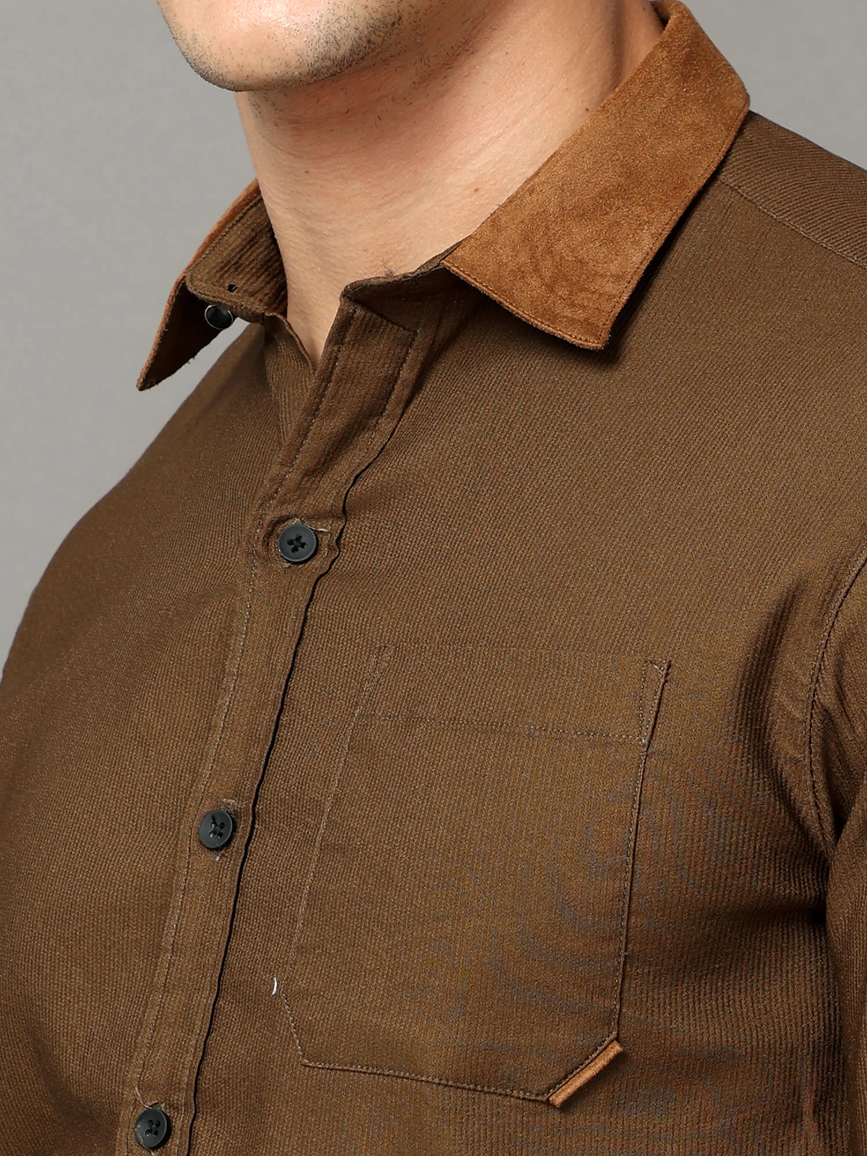 brown cotton self stripe corduroy with leather constrast shirt