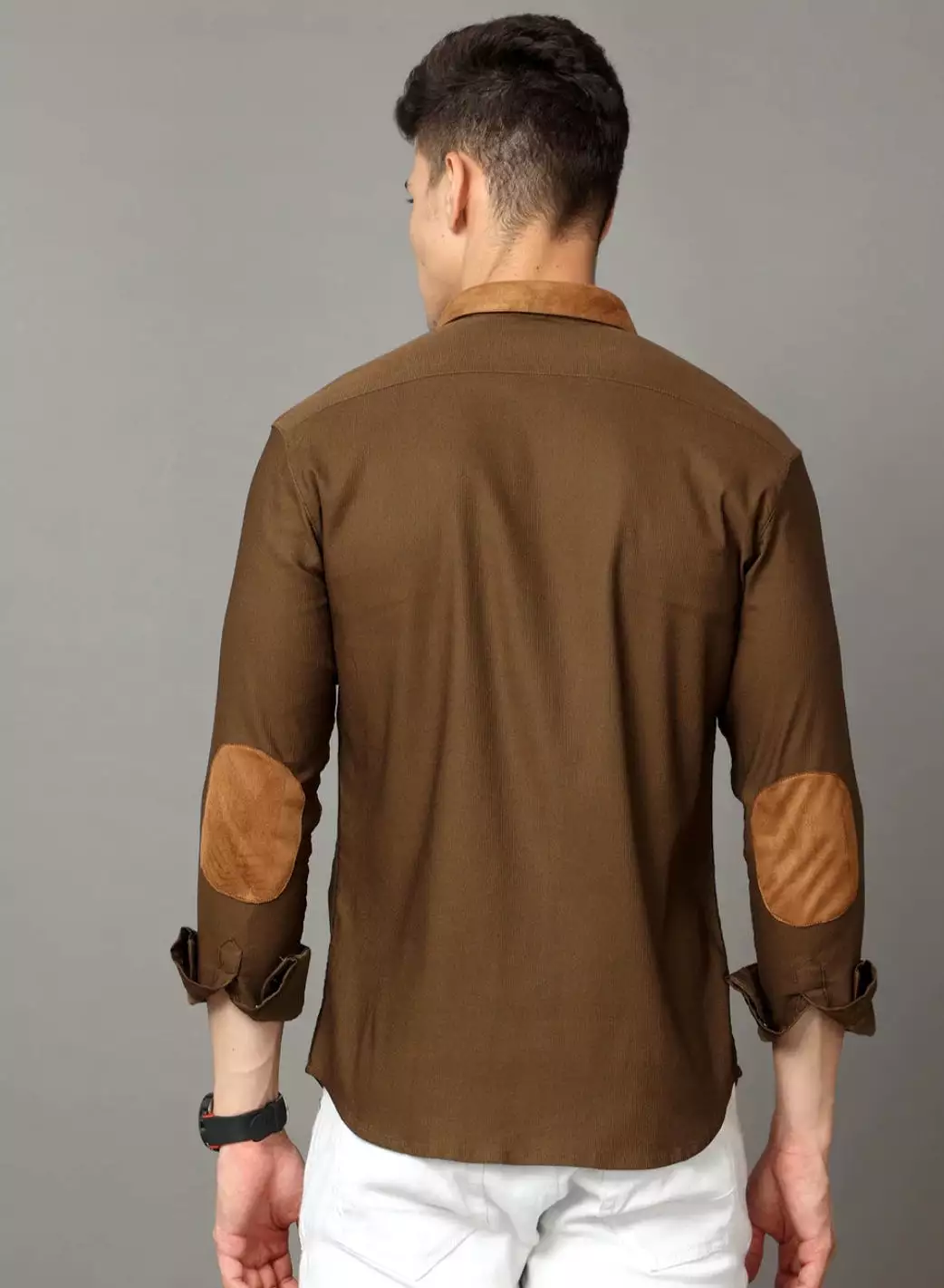 brown cotton self stripe corduroy with leather constrast shirt