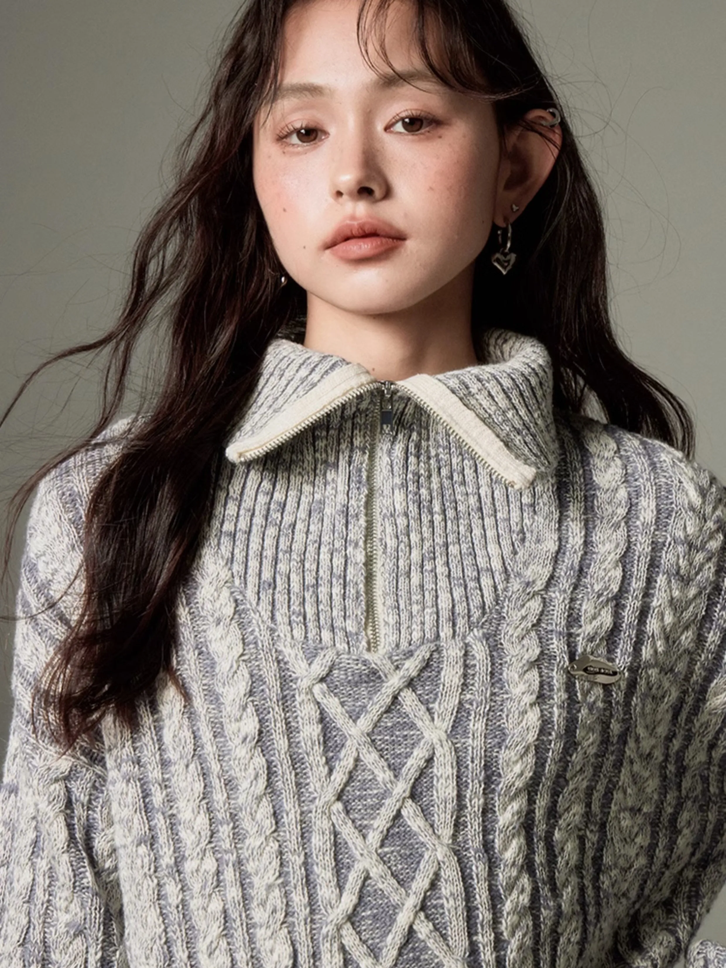 Cable High Collar Half-Zipper Knitted Sweater