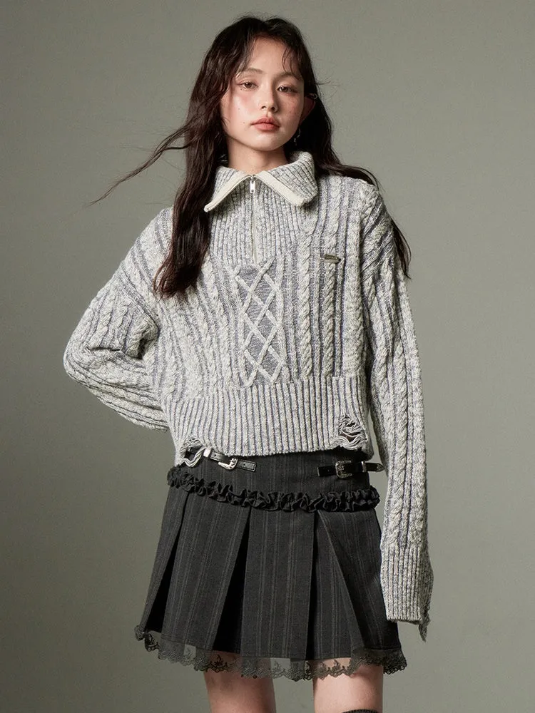 Cable High Collar Half-Zipper Knitted Sweater