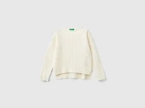 Cable knit sweater in wool blend - Creamy White | Benetton