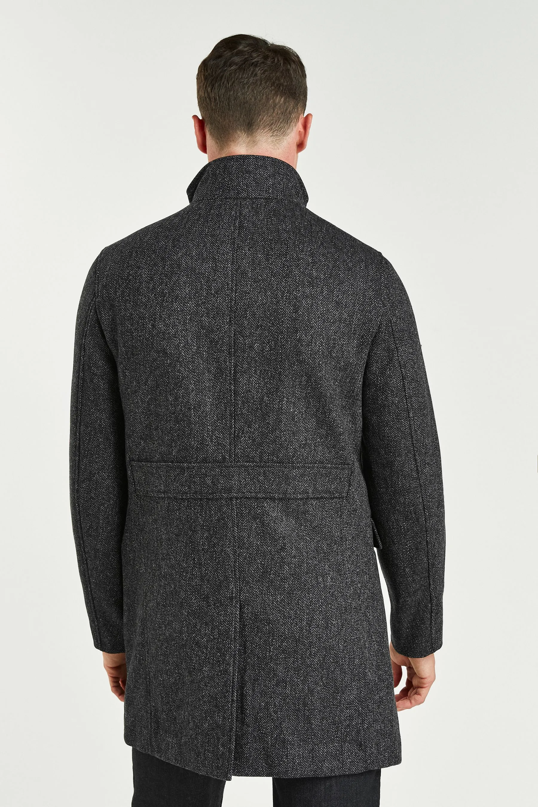 Charcoal Grey Herringbone Wool Blend Mock Gilet Herringbone Padded Coat