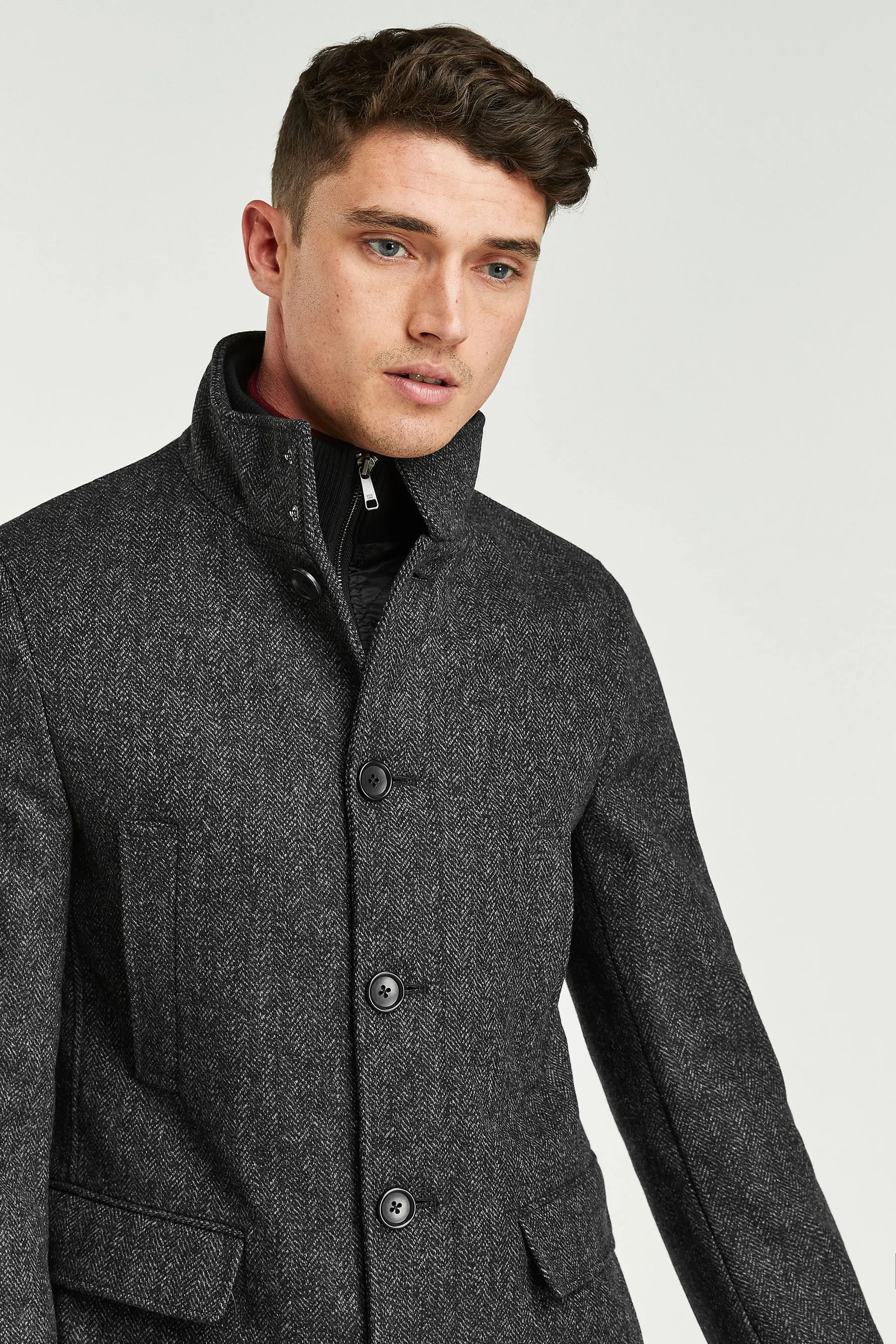 Charcoal Grey Herringbone Wool Blend Mock Gilet Herringbone Padded Coat