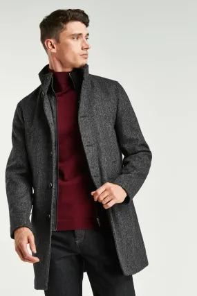 Charcoal Grey Herringbone Wool Blend Mock Gilet Herringbone Padded Coat