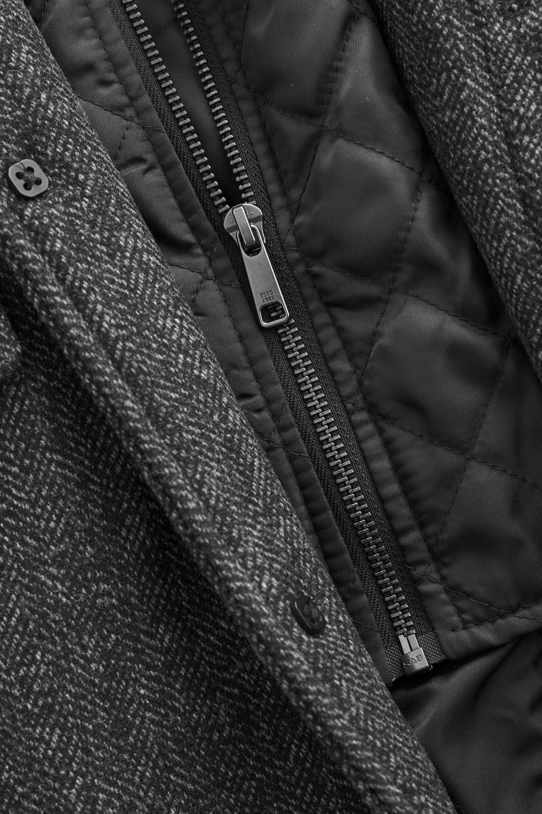 Charcoal Grey Herringbone Wool Blend Mock Gilet Herringbone Padded Coat