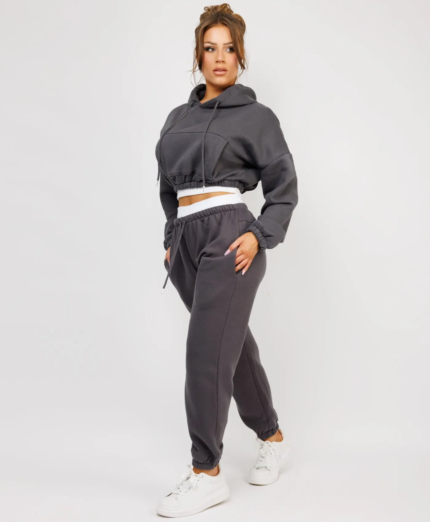 Charcoal Grey Ribbed Hem Cropped Hoodie And Joggers Tracksuit