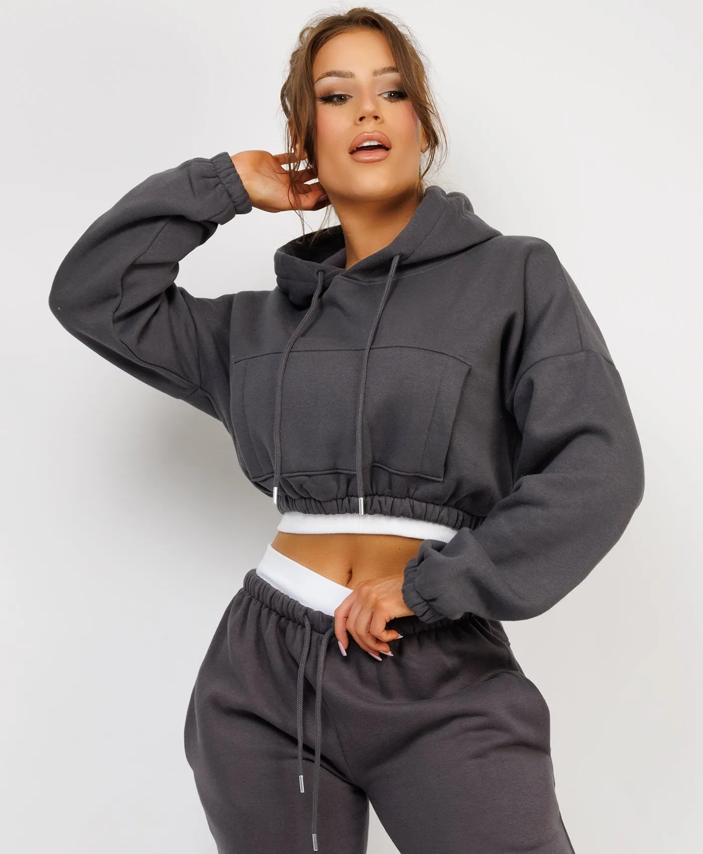 Charcoal Grey Ribbed Hem Cropped Hoodie And Joggers Tracksuit