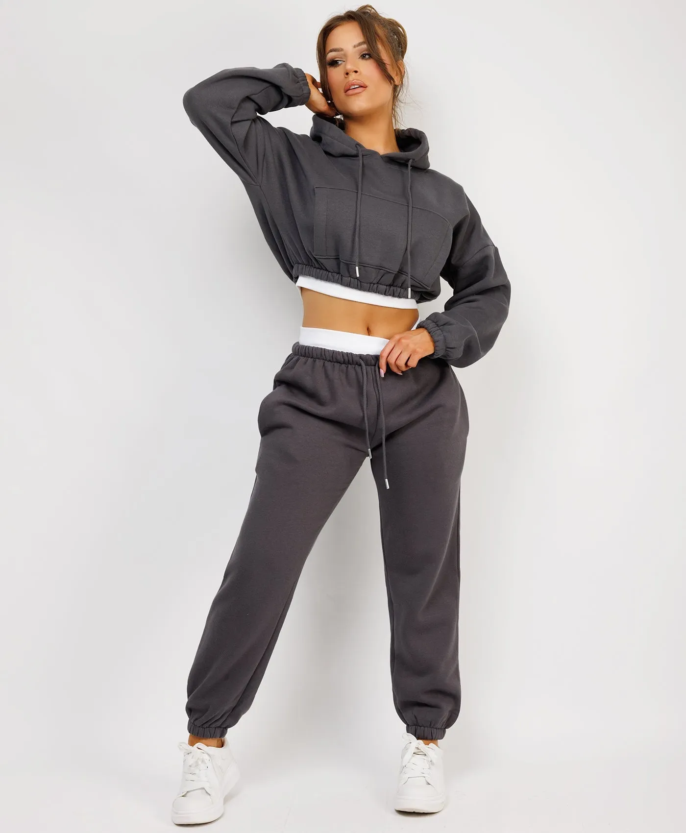 Charcoal Grey Ribbed Hem Cropped Hoodie And Joggers Tracksuit