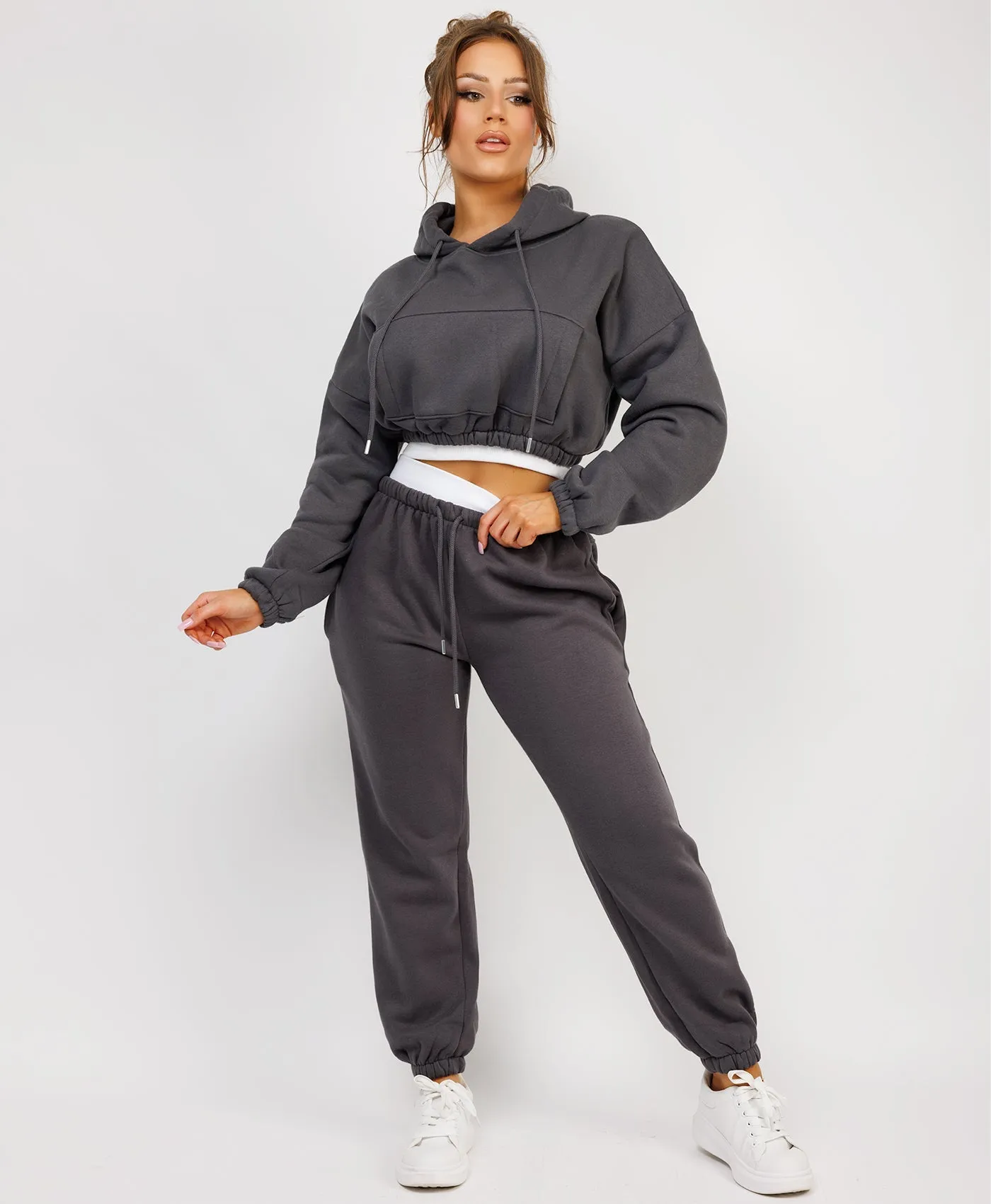 Charcoal Grey Ribbed Hem Cropped Hoodie And Joggers Tracksuit