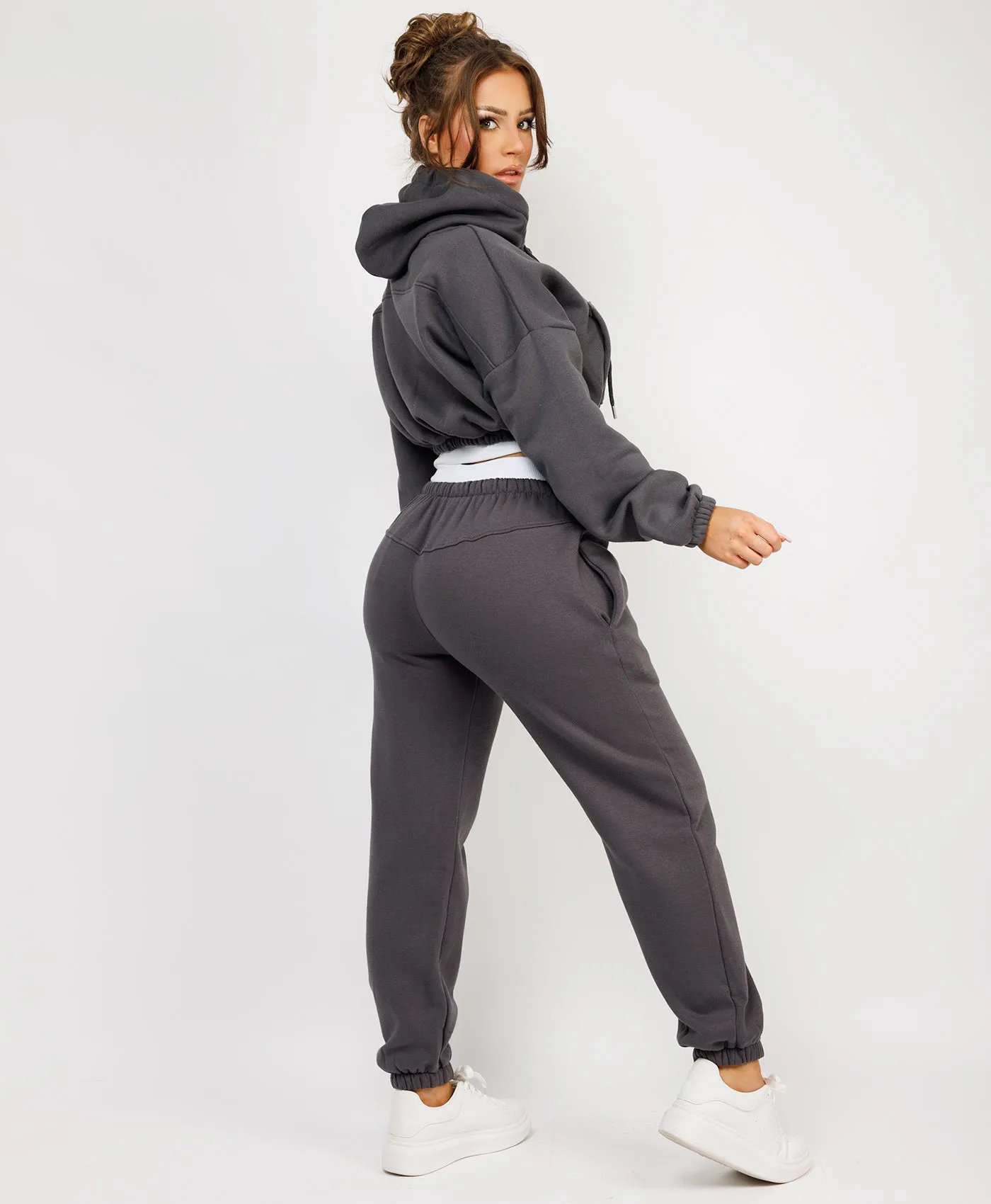 Charcoal Grey Ribbed Hem Cropped Hoodie And Joggers Tracksuit