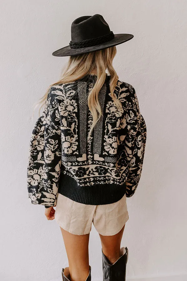 Chic Statement Floral Knit Sweater in Black