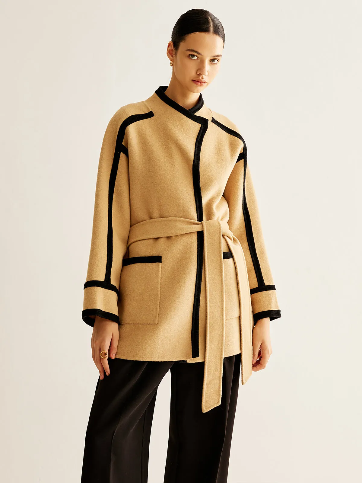 Contrast Binding Wool Coat