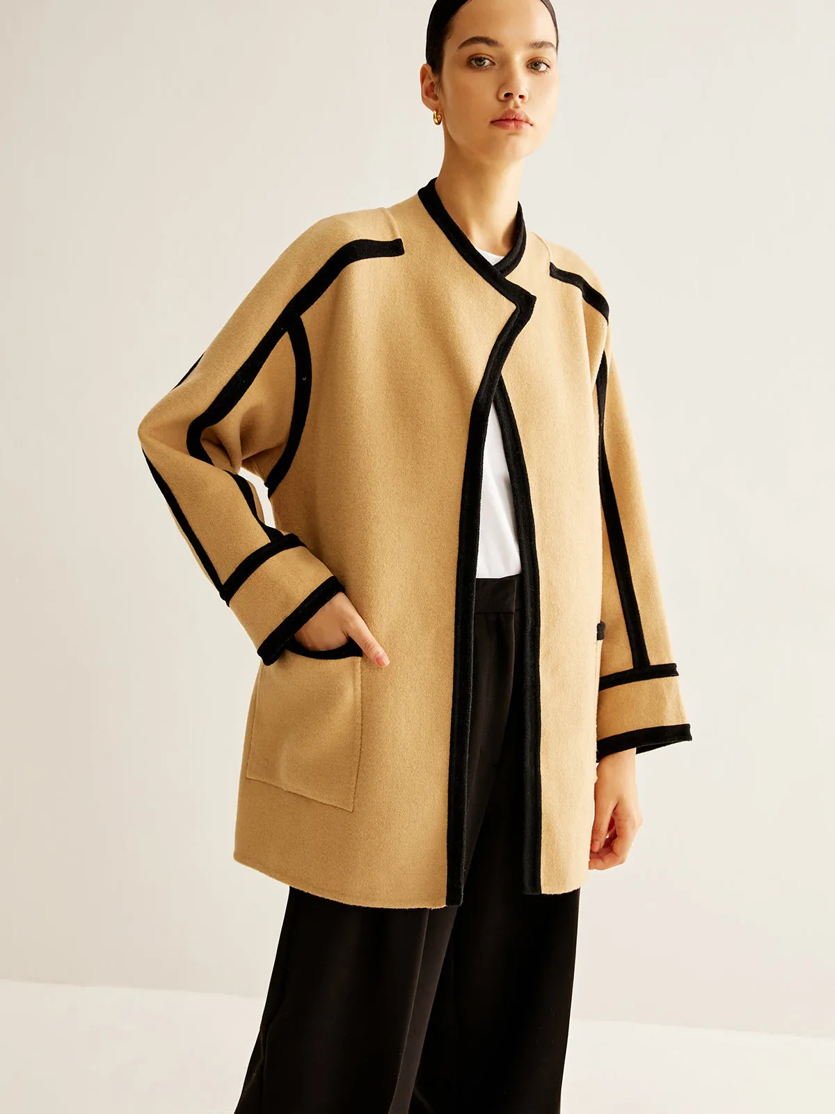 Contrast Binding Wool Coat