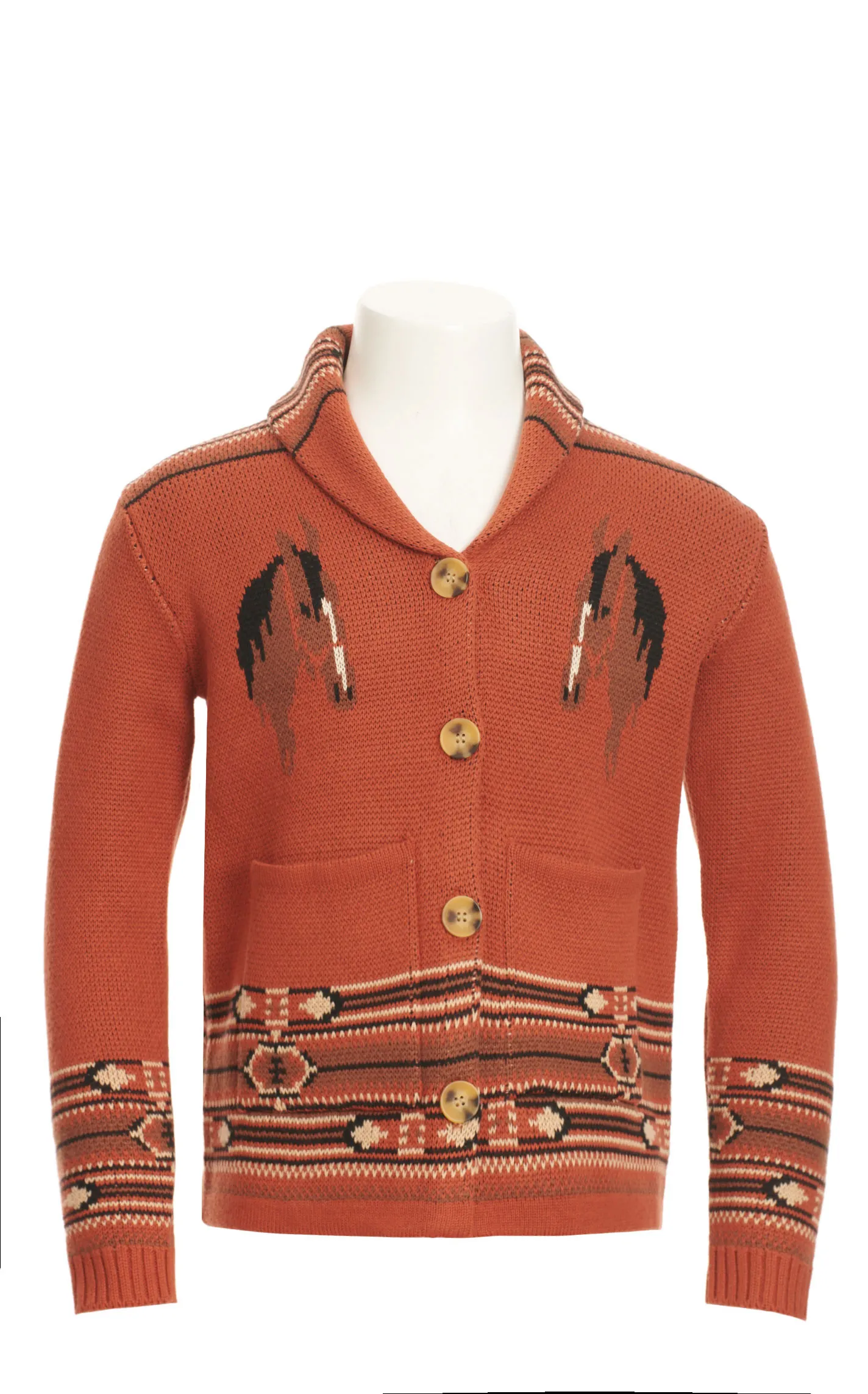 Cotton & Rye Girl's Rich Rust Horses & Aztec Stripe Long Sleeve Cardigan 