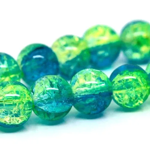 Crackle Glass Beads, Round, Transparent, Two-Tone, Green, Aqua Blue, 10mm