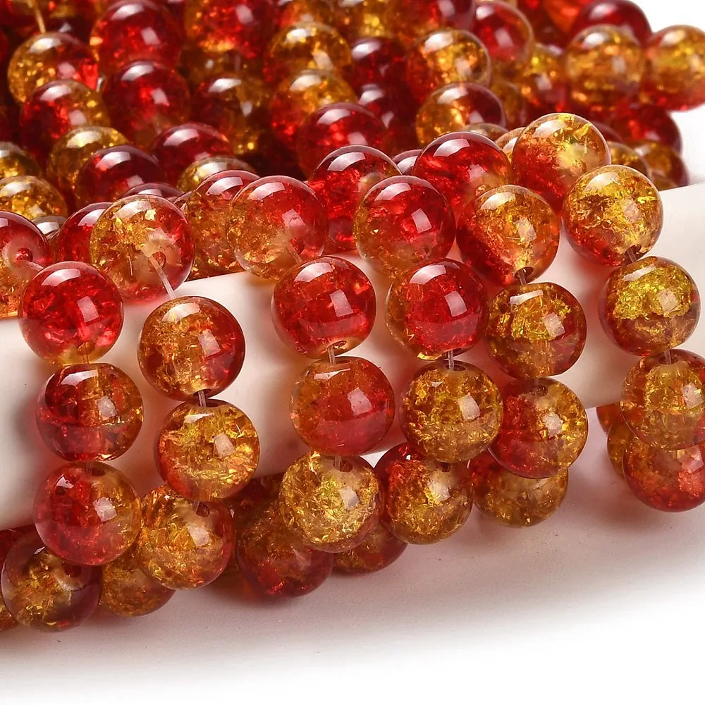 Crackle Glass Beads, Round, Two-Tone, Red, Yellow, 10mm