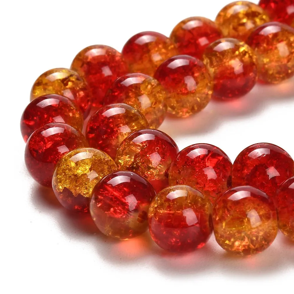 Crackle Glass Beads, Round, Two-Tone, Red, Yellow, 10mm