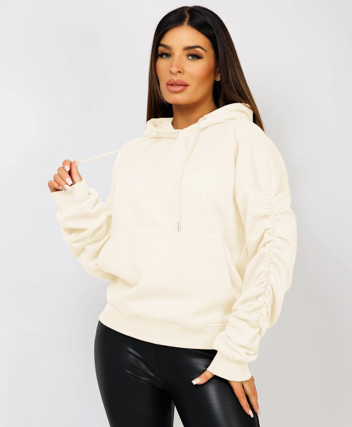 Cream Ruched Sleeve Oversized Fit Hoodie