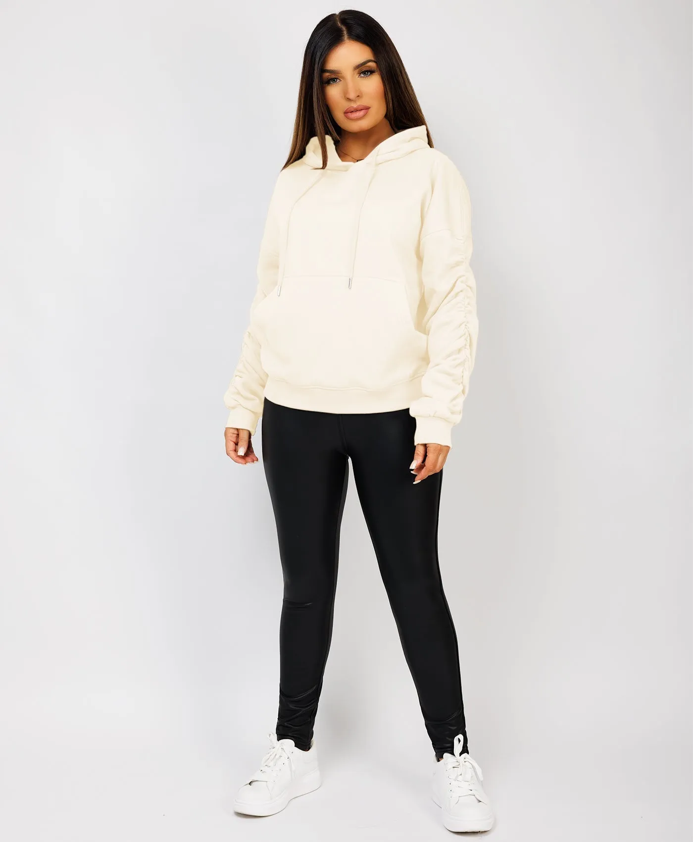 Cream Ruched Sleeve Oversized Fit Hoodie