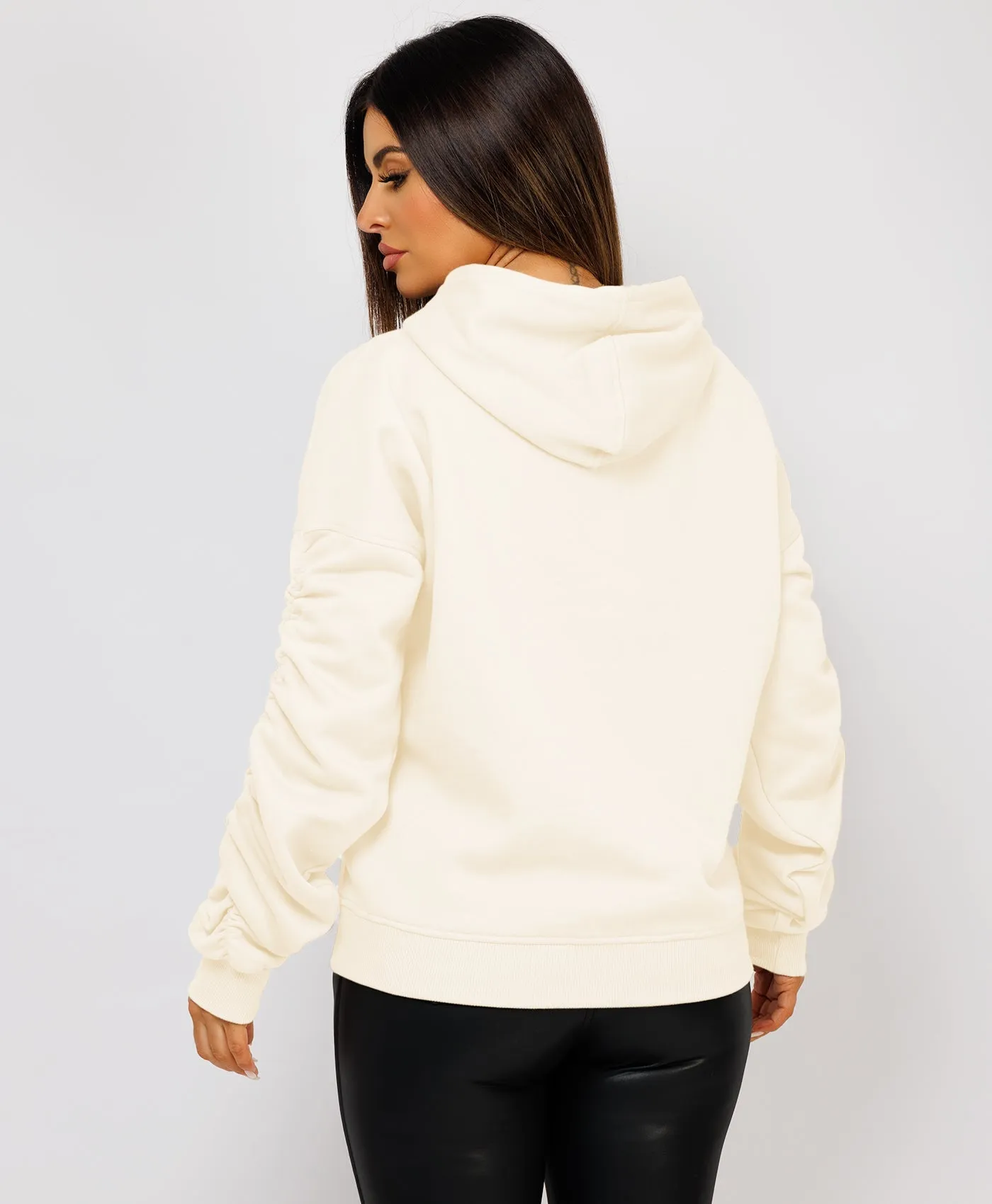 Cream Ruched Sleeve Oversized Fit Hoodie