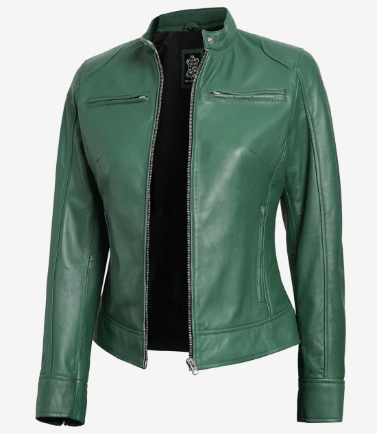 Dodge Women Green Motorcycle Cafe Racer Leather Jacket