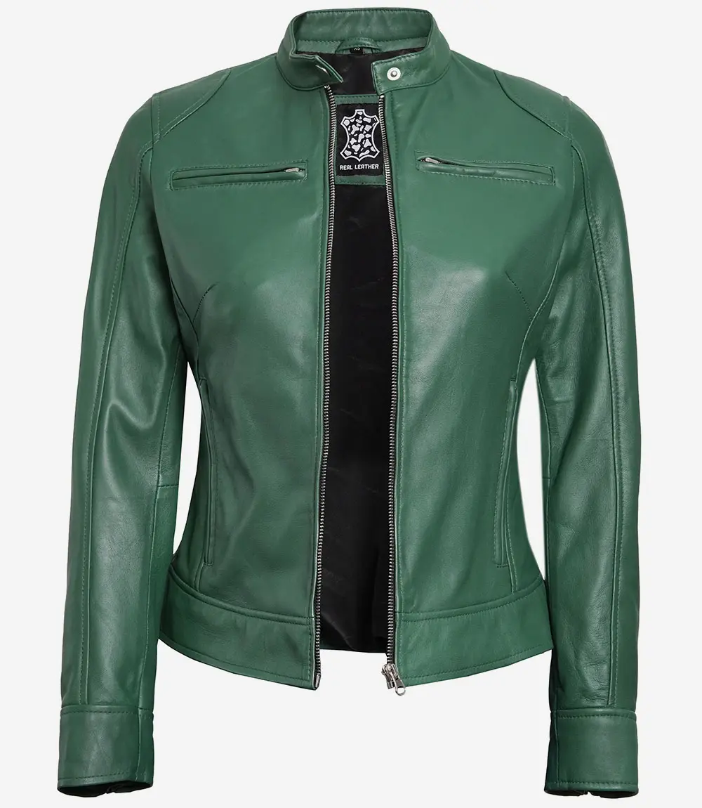 Dodge Women Green Motorcycle Cafe Racer Leather Jacket