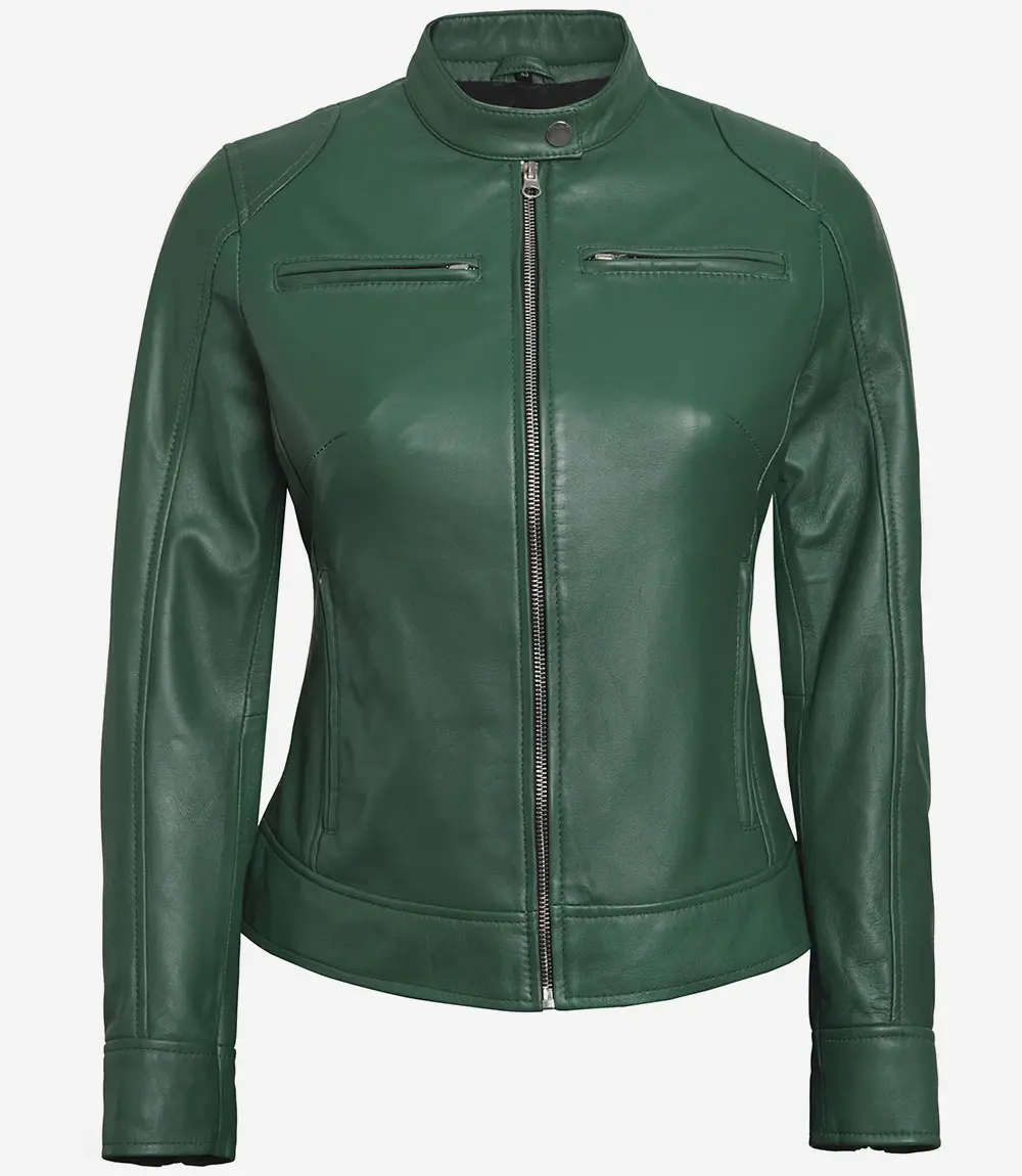 Dodge Women Green Motorcycle Cafe Racer Leather Jacket