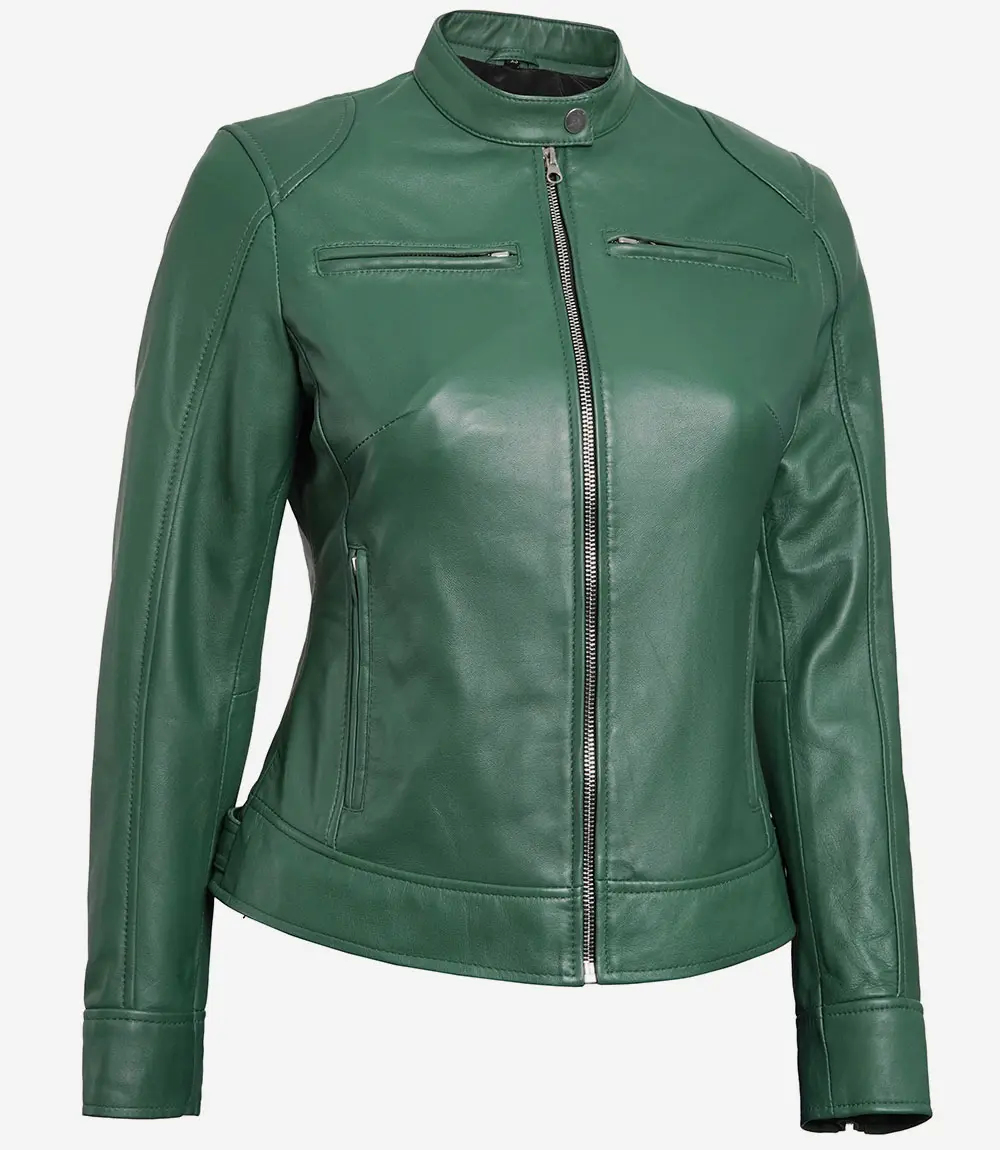 Dodge Women Green Motorcycle Cafe Racer Leather Jacket