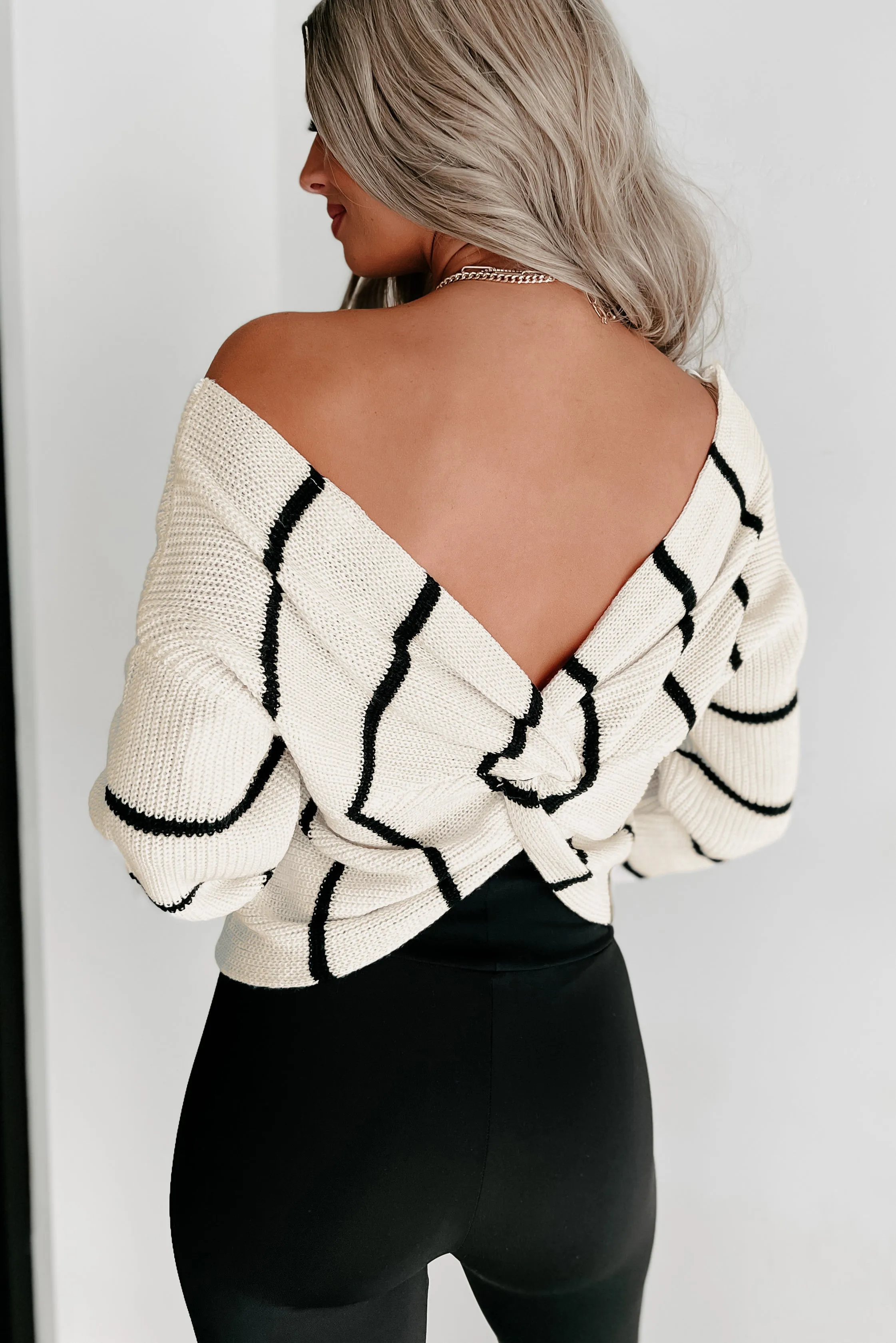 Don't Get Me Started Striped Twist Back Sweater (Ivory/Black)