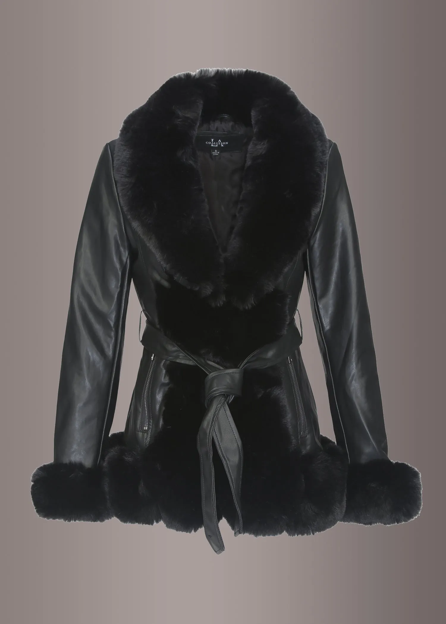 Faux Fur Vegan Leather Jacket with Belt