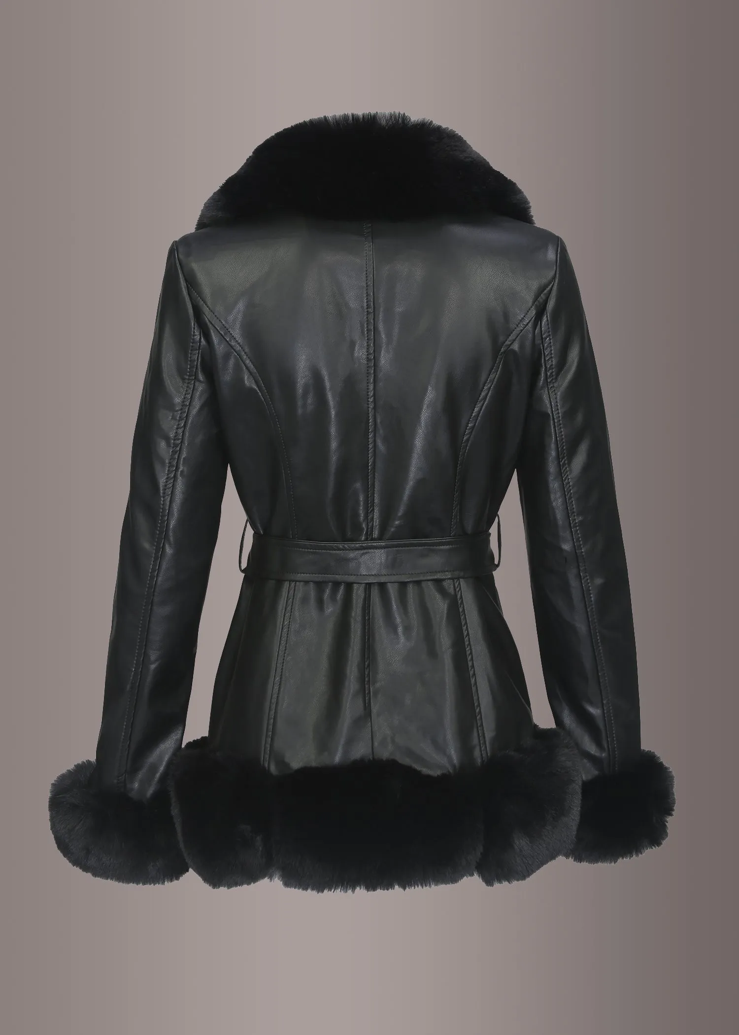 Faux Fur Vegan Leather Jacket with Belt