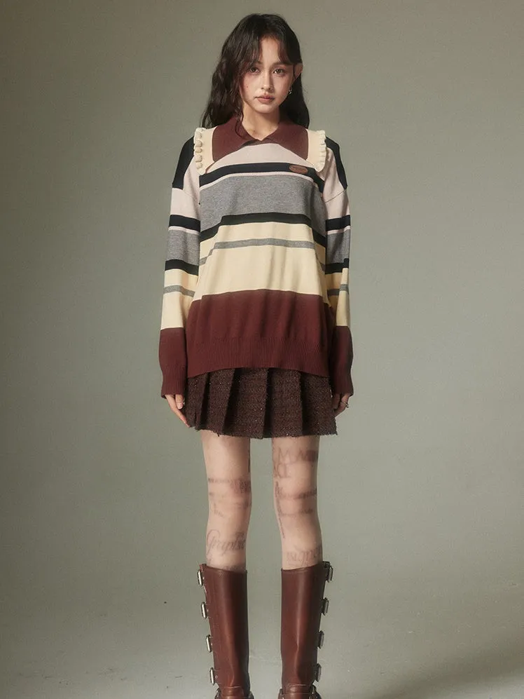 Frill Collar Contrast Border Loose Sweater