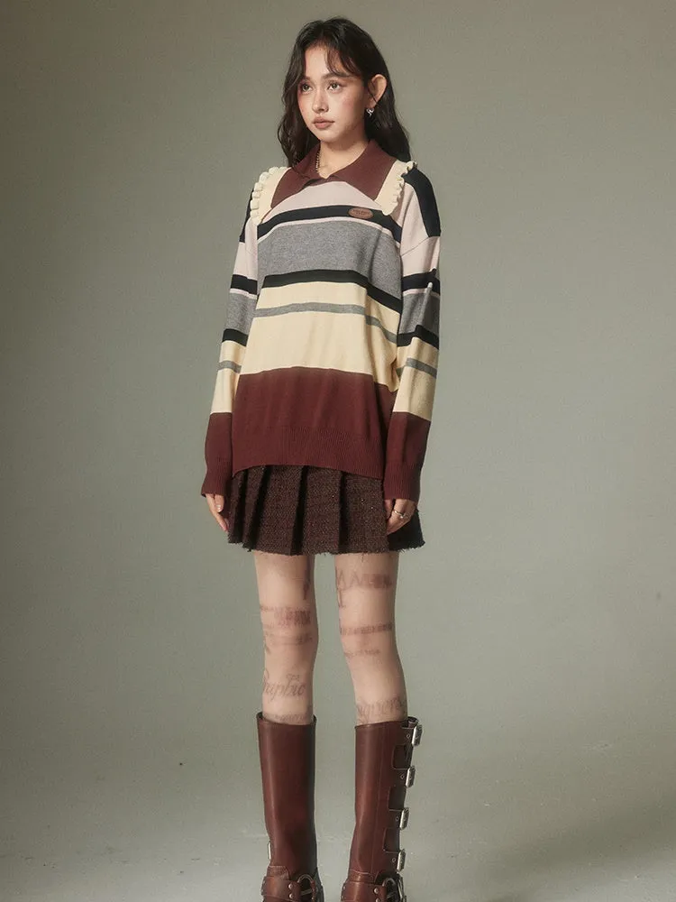 Frill Collar Contrast Border Loose Sweater