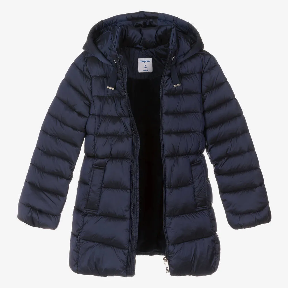 Girls Blue Hooded Puffer Coat