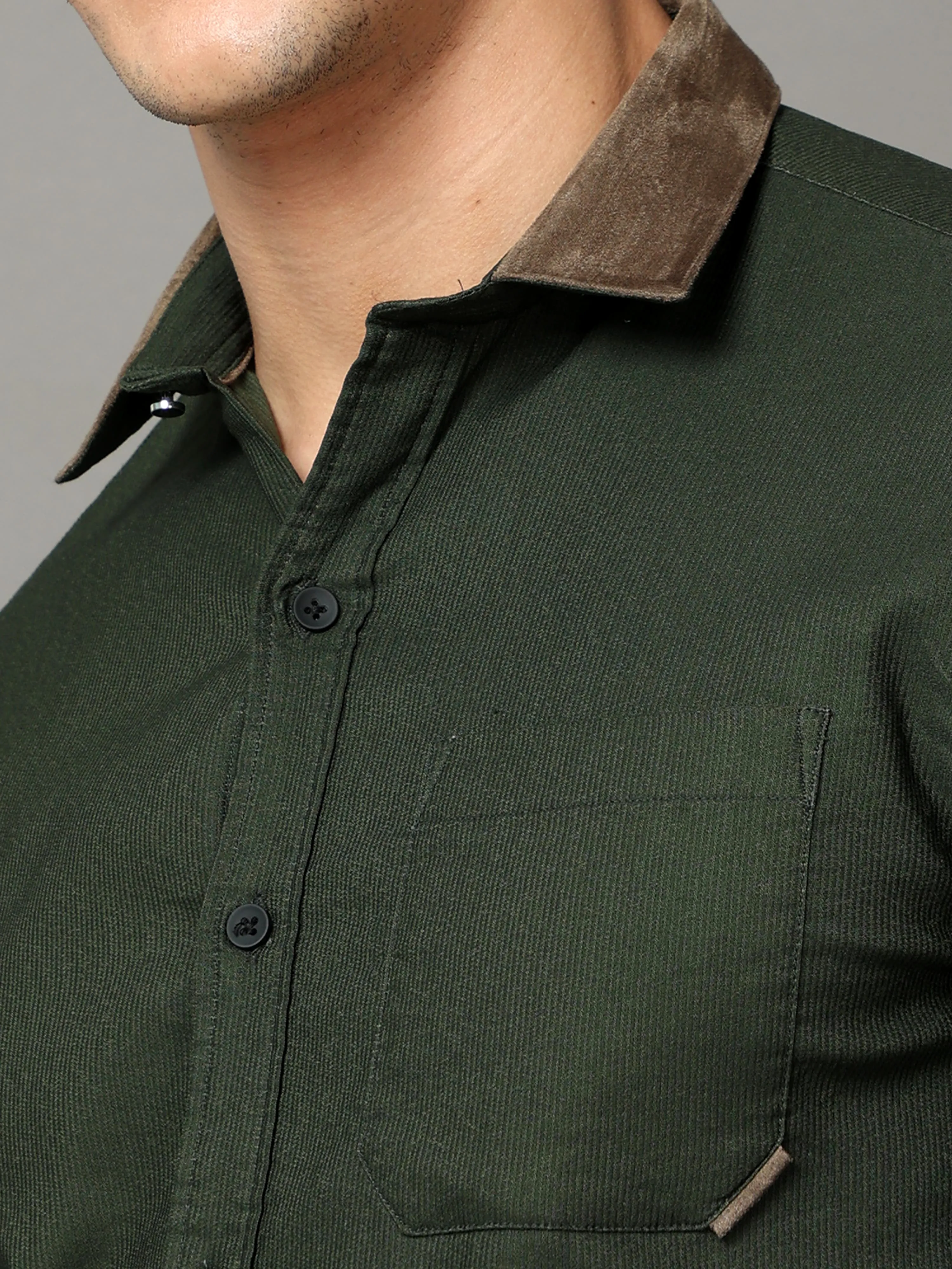 green cotton self stripe corduroy with leather constrast shirt