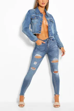 High Rise Distressed Hem Stretch Skinny Jeans