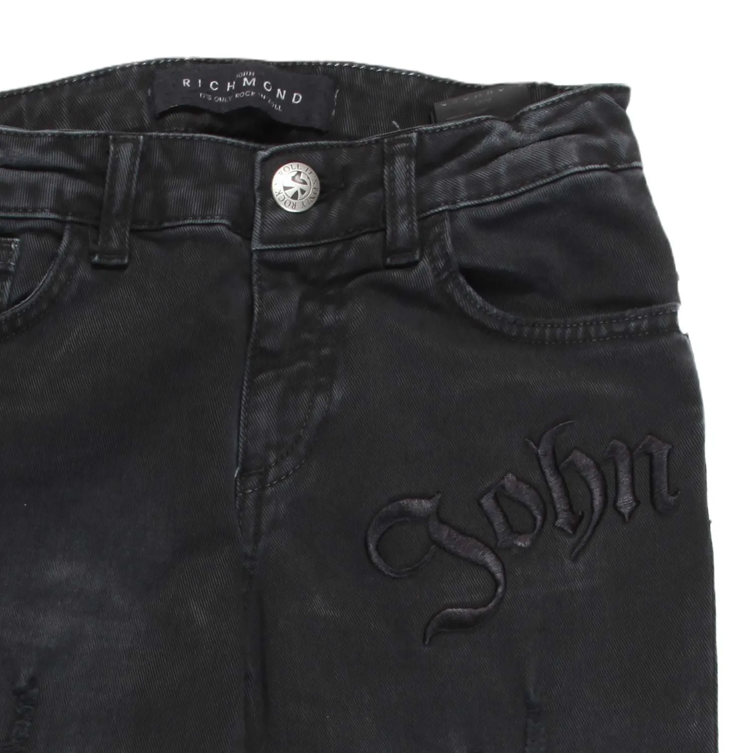 John Richmond Black Unisex Jeans With Embroidery And Tears